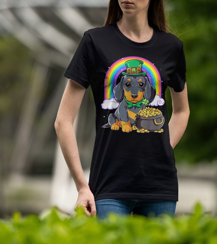 Dachshund St Patricks Day Leprechaun Rainbow Pot Of Gold T-Shirt