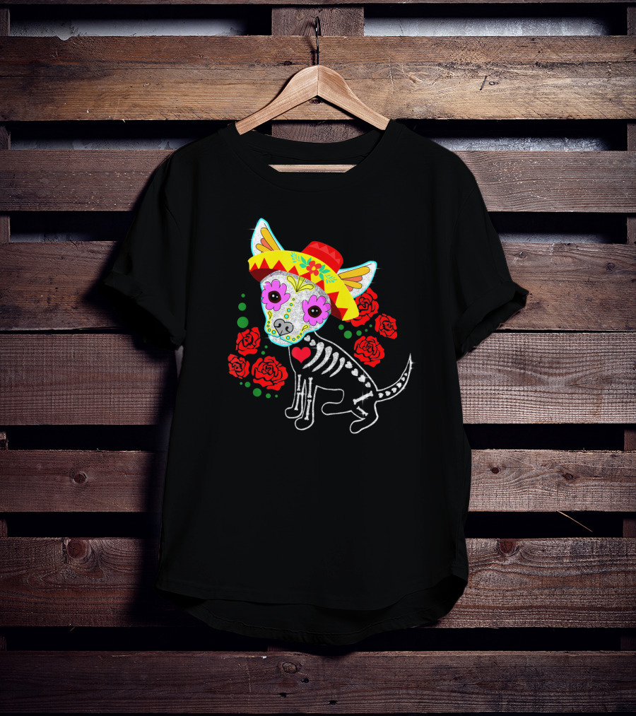 Day Of The Dead Chihuahua Skeleton Sombrero Roses T-Shirt
