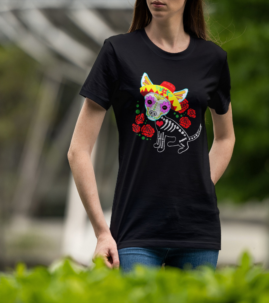 Day Of The Dead Chihuahua Skeleton Sombrero Roses T-Shirt
