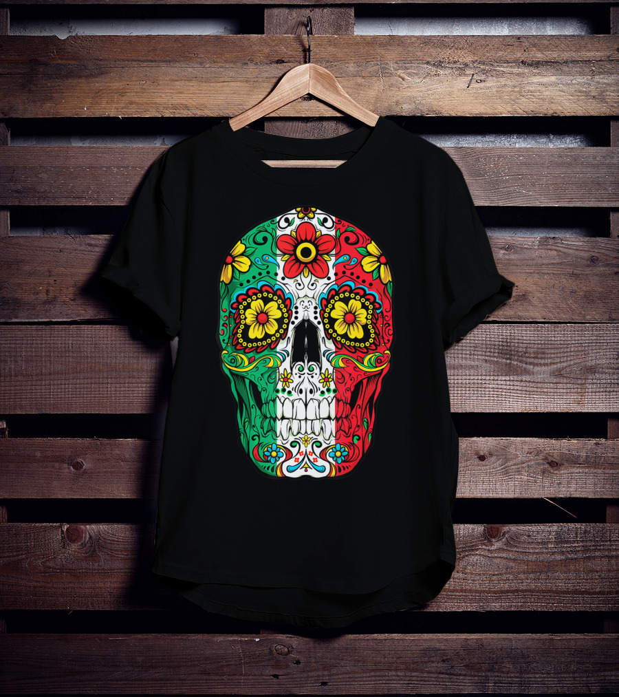 Day Of The Dead Sugar Skull Mexican Flag Flowers Colorful T-Shirt