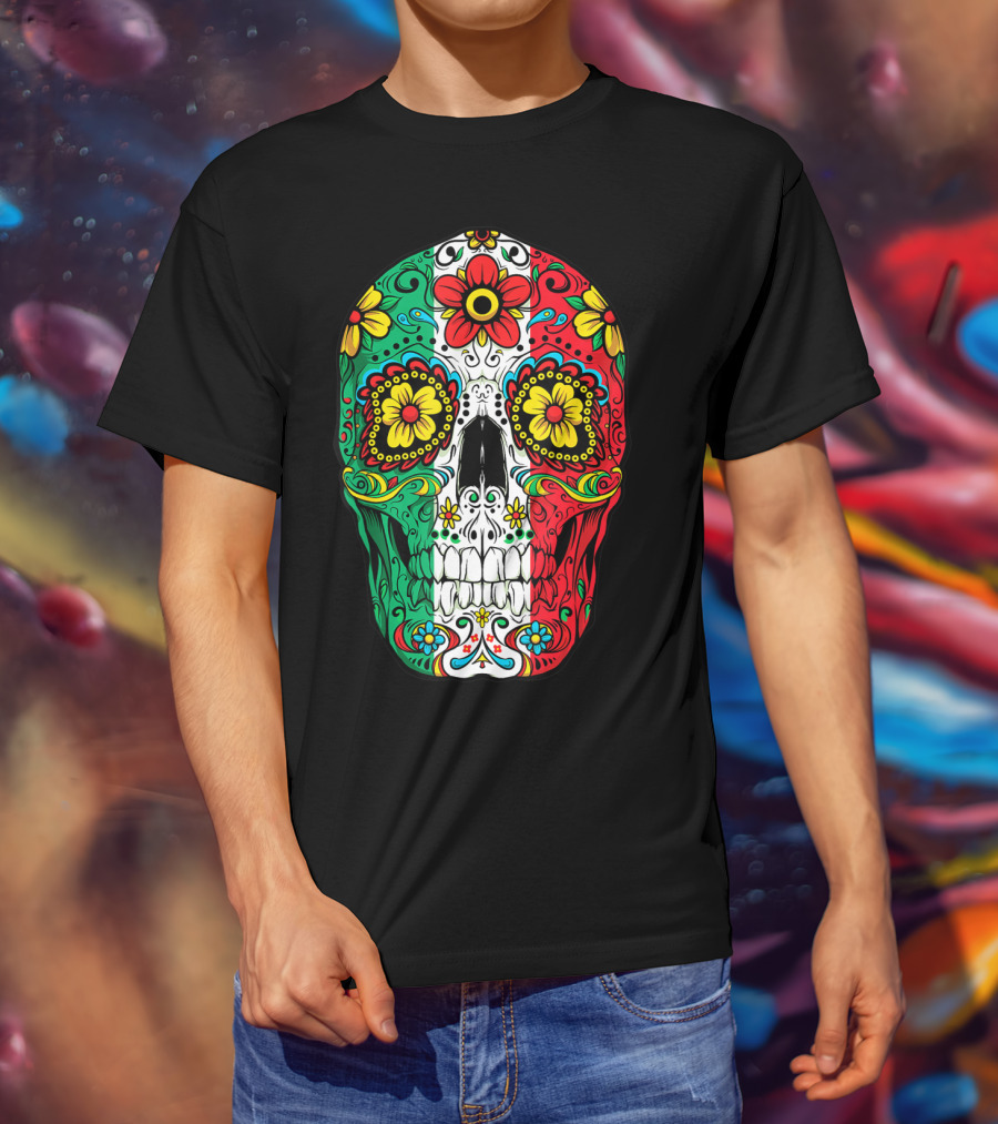 Day Of The Dead Sugar Skull Mexican Flag Flowers Colorful T-Shirt