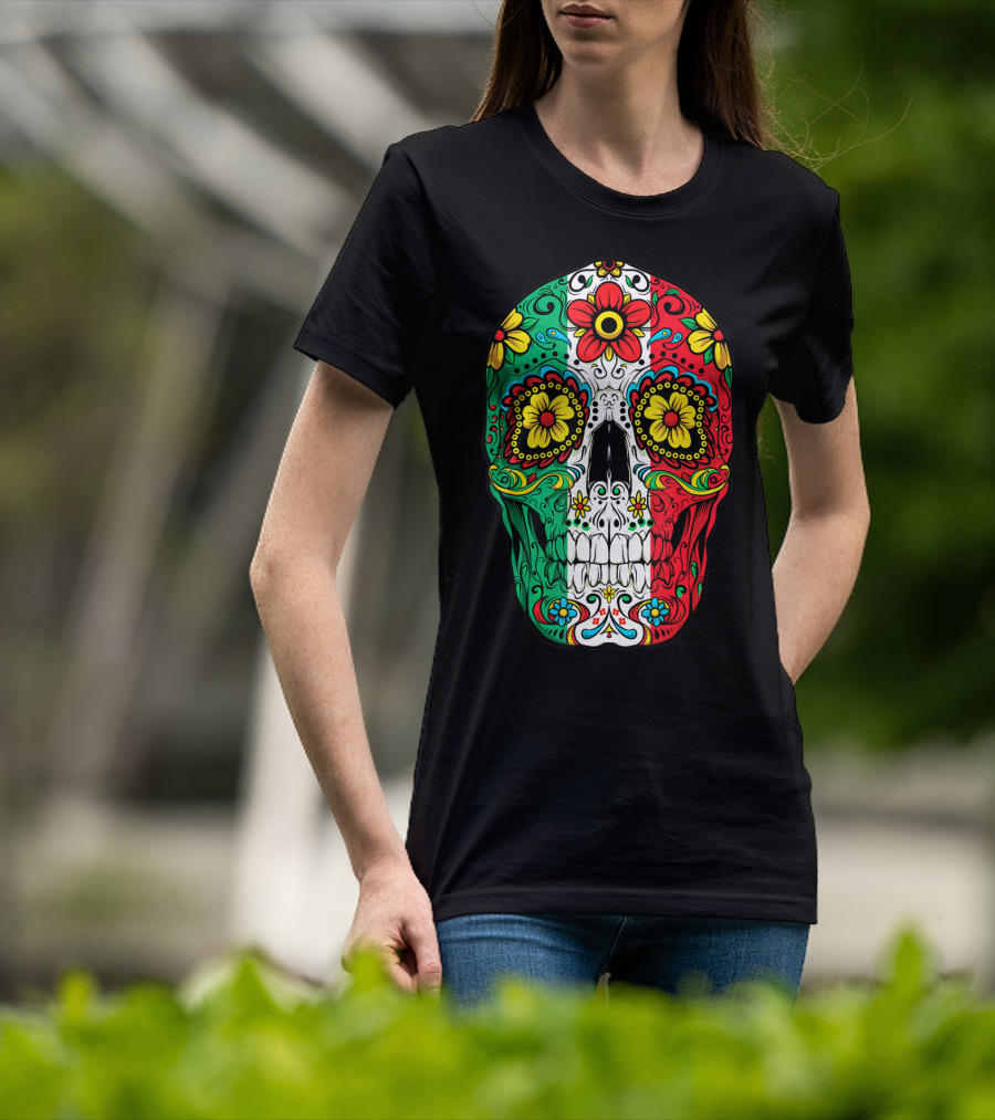 Day Of The Dead Sugar Skull Mexican Flag Flowers Colorful T-Shirt