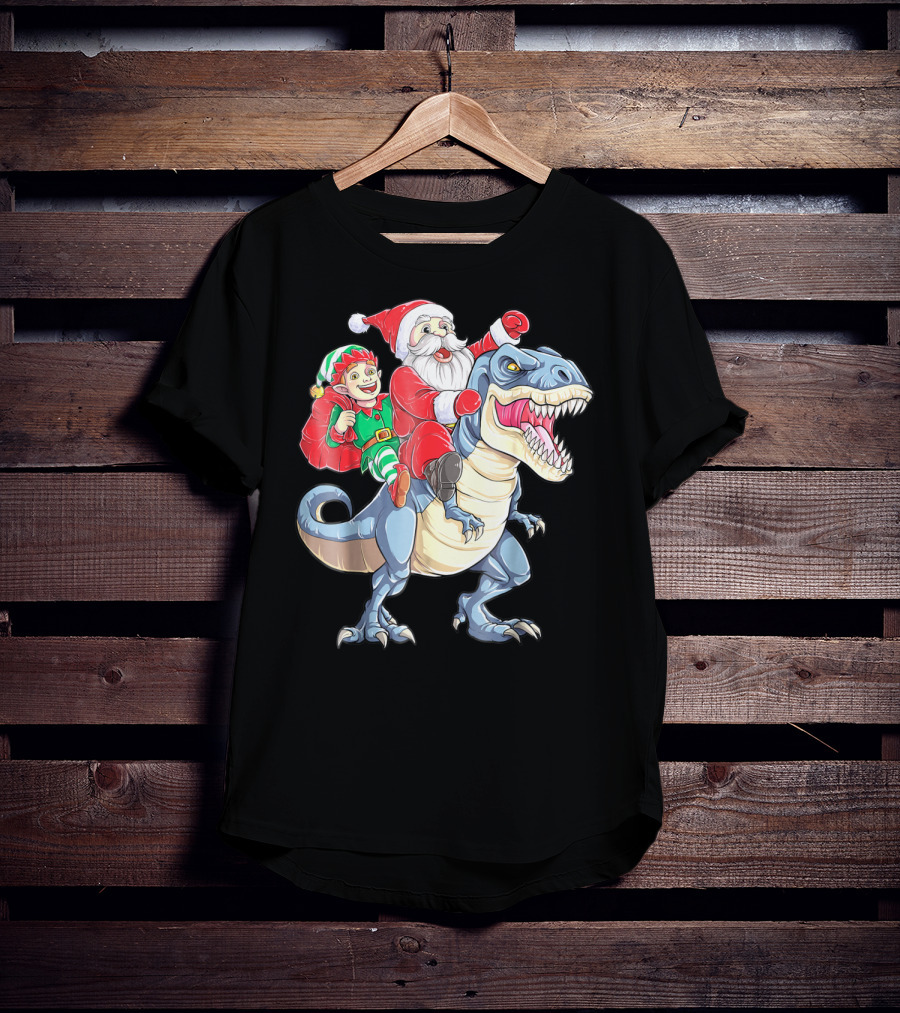 Dinosaur Christmas Santa And Elf Riding T-Rex T-Shirt