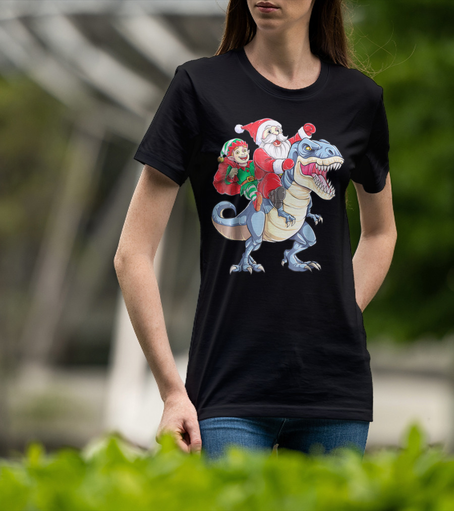 Dinosaur Christmas Santa And Elf Riding T-Rex T-Shirt