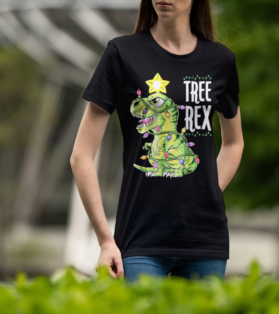 Tree Rex Dinosaur Christmas Lights Boys T-Shirt