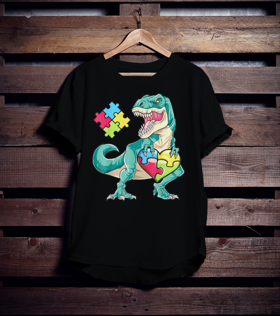 Dinosaur Holding Puzzle Heart Autism Awareness Boys T-Shirt
