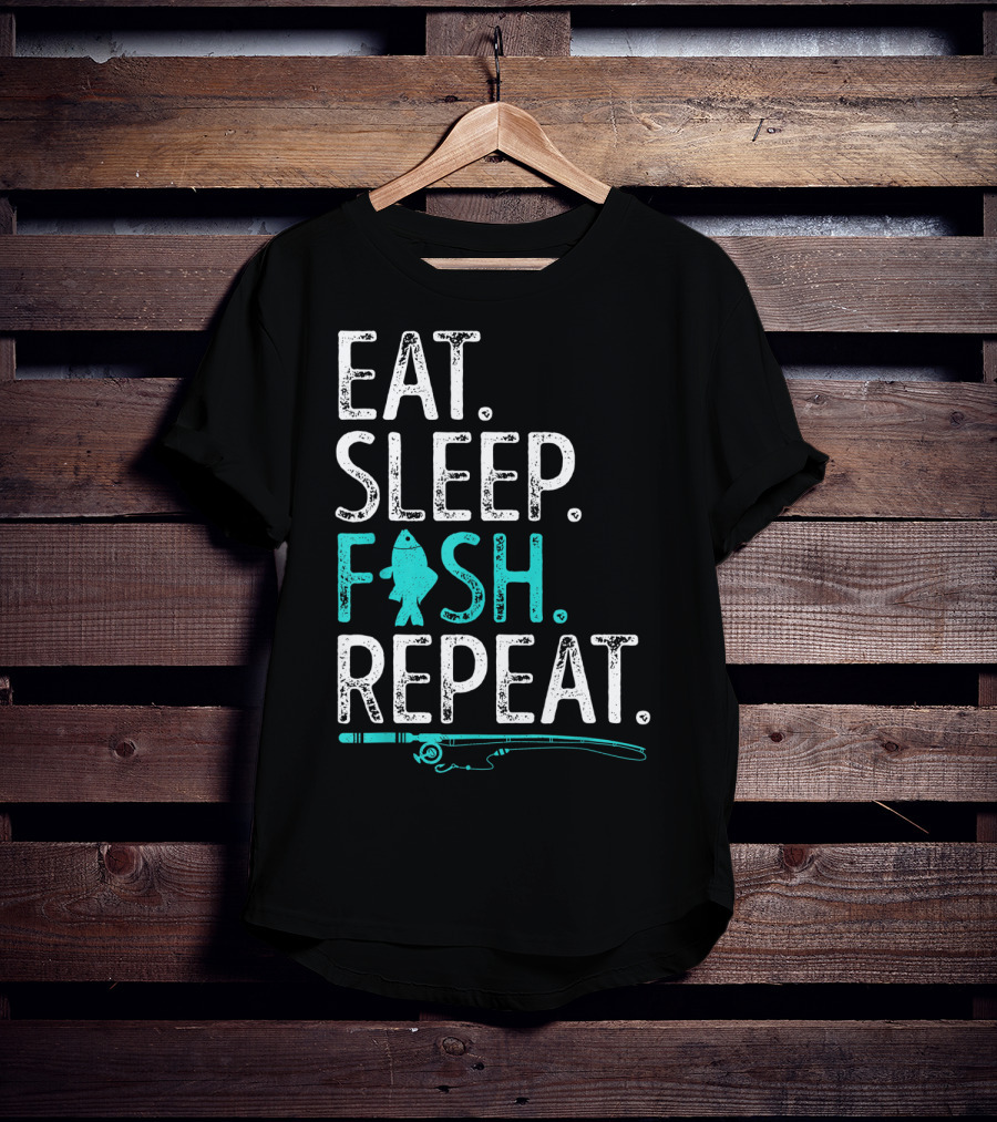 Eat Sleep Fish Repeat Kids Fishing Fishing Rod Teal Fish T-Shirt