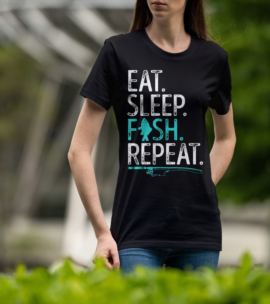 Eat Sleep Fish Repeat Kids Fishing Fishing Rod Teal Fish T-Shirt