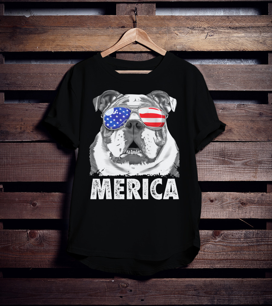 Merica English Bulldog USA Flag Sunglasses T-Shirt