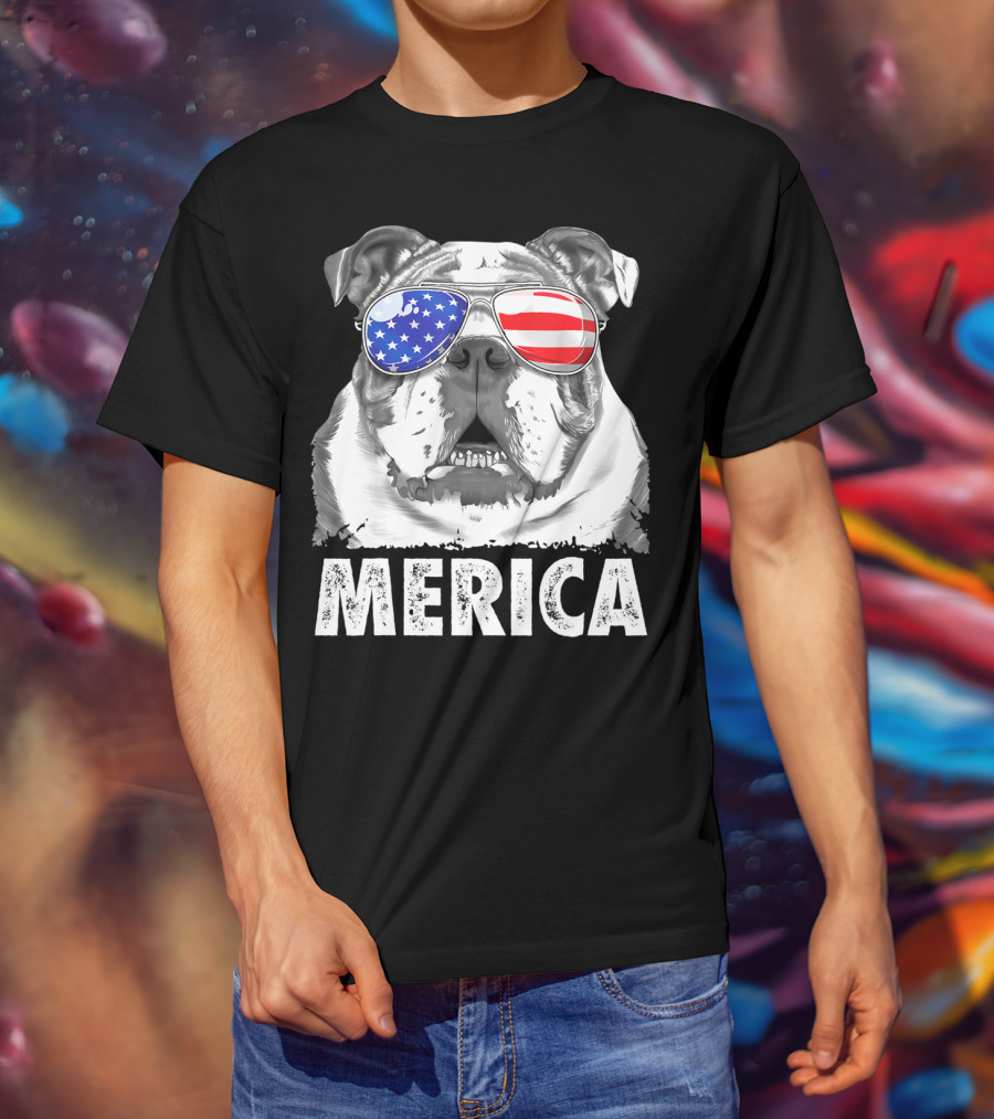 Merica English Bulldog USA Flag Sunglasses T-Shirt