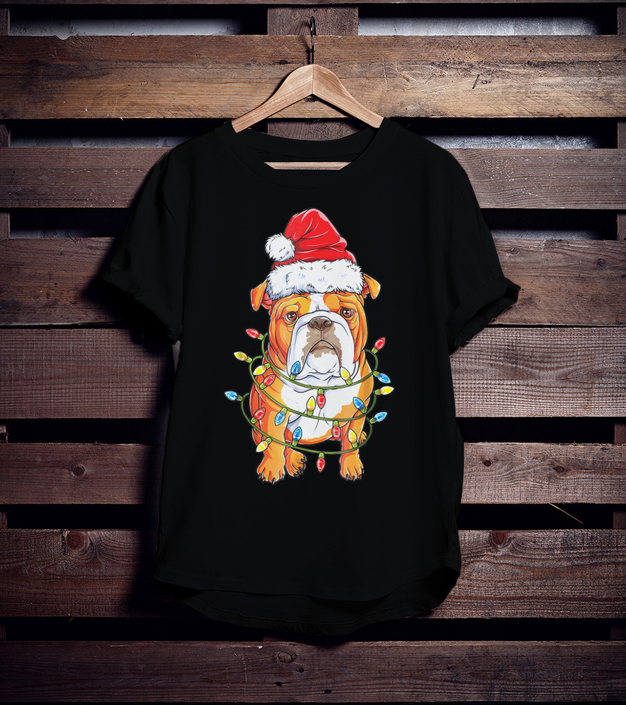 English Bulldog Santa Hat Wrapped In Christmas Lights Holiday Festive Fun T-Shirt