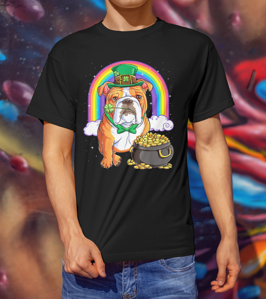 English Bulldog Leprechaun St Patricks Day Rainbow Gold Pot T-Shirt