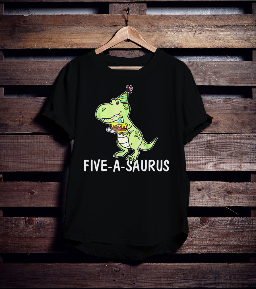 Five-A-Saurus T-Rex Birthday Cake Party Hat 5 Years Old T-Shirt
