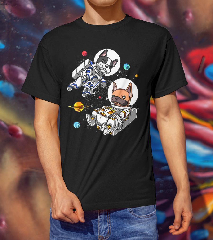 French Bulldog Astronauts In Space With Planets And Stars T-Shirt