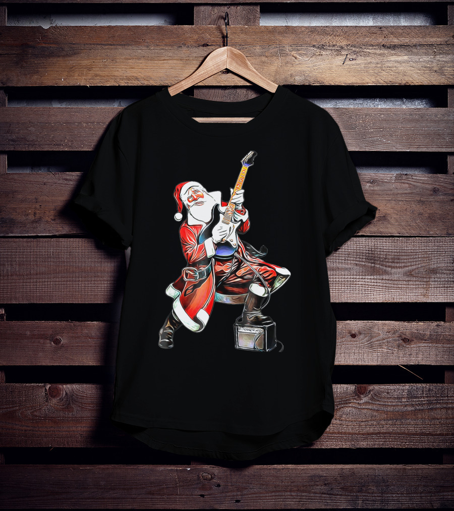 Funny Christmas Rock N Roll Santa Playing Guitar T-Shirt