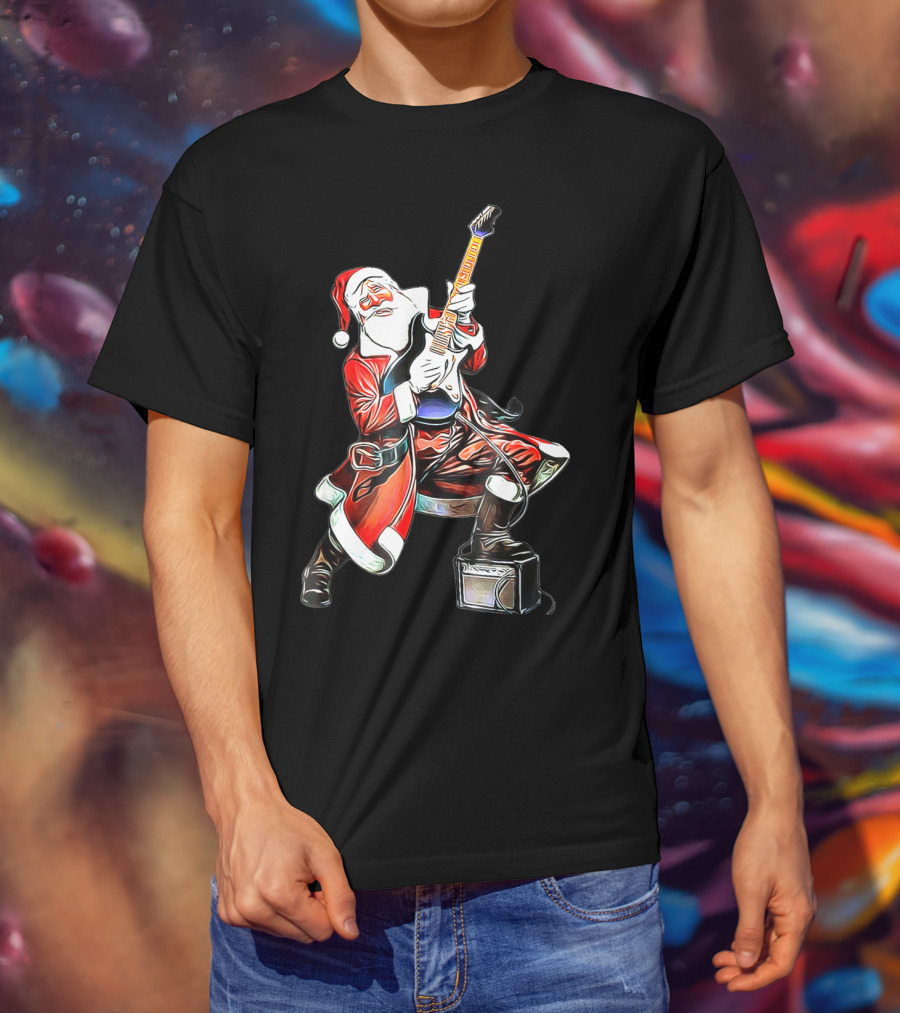Funny Christmas Rock N Roll Santa Playing Guitar T-Shirt