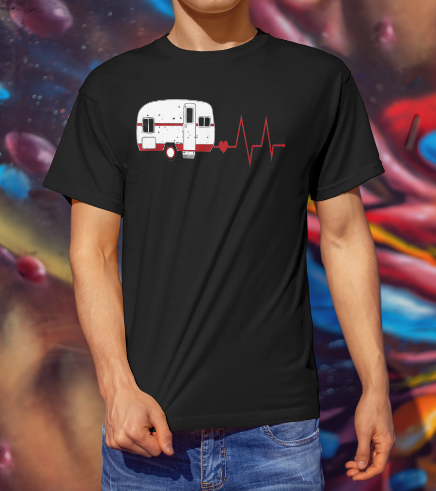 Funny Valentine's Day Camping Women Girls Heartbeat Camper T-Shirt