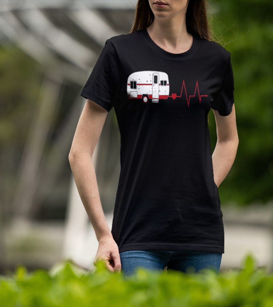 Funny Valentine's Day Camping Women Girls Heartbeat Camper T-Shirt
