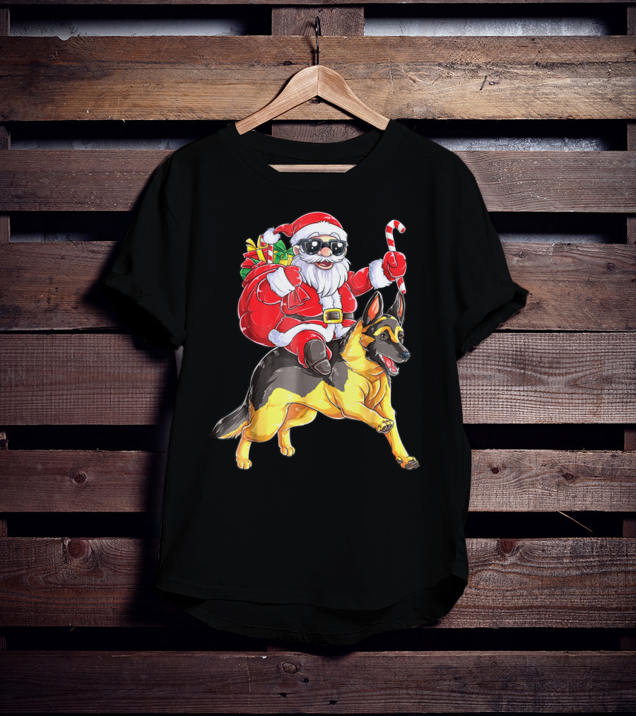German Shepherd Woofmas With Santa Claus And Candy Cane T-Shirt