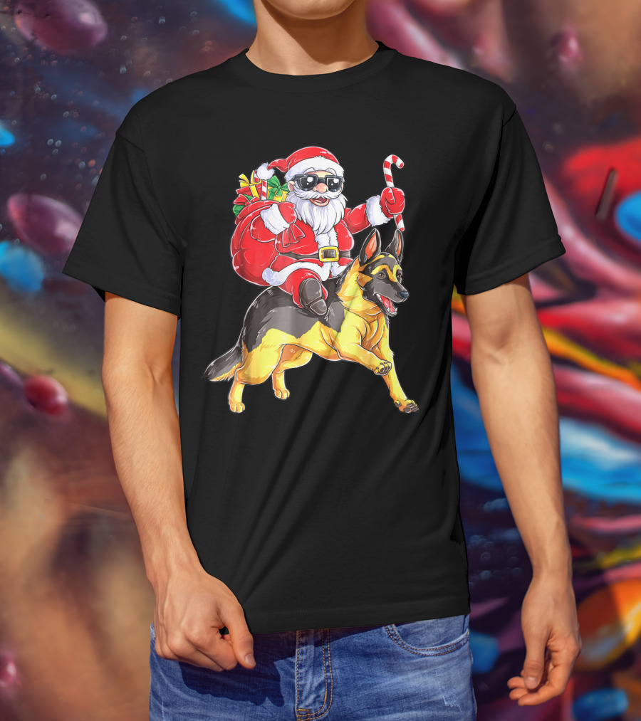 German Shepherd Woofmas With Santa Claus And Candy Cane T-Shirt