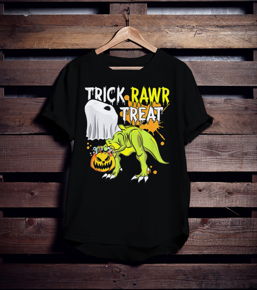 Trick Rawr Treat Halloween Dinosaur Ghost Pumpkin Boys T-Shirt