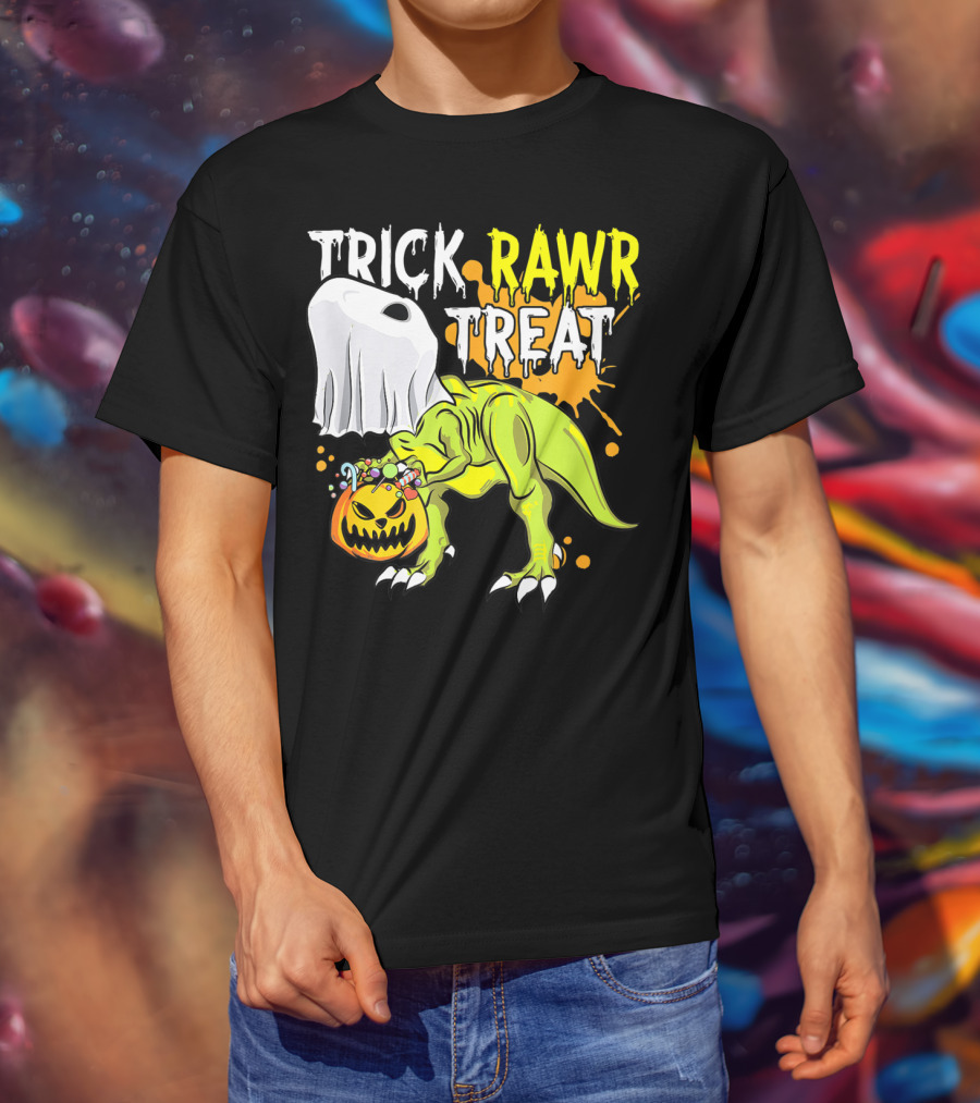 Trick Rawr Treat Halloween Dinosaur Ghost Pumpkin Boys T-Shirt