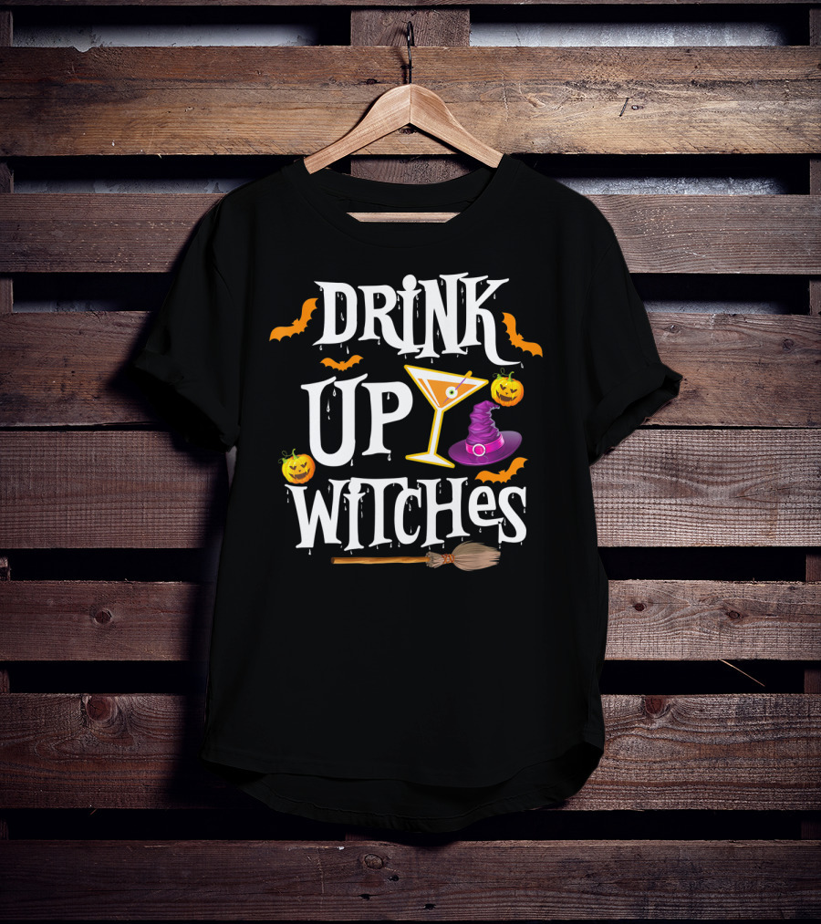 Drink Up Witches Halloween Costume Women Wine Hat Broom Martini T-Shirt