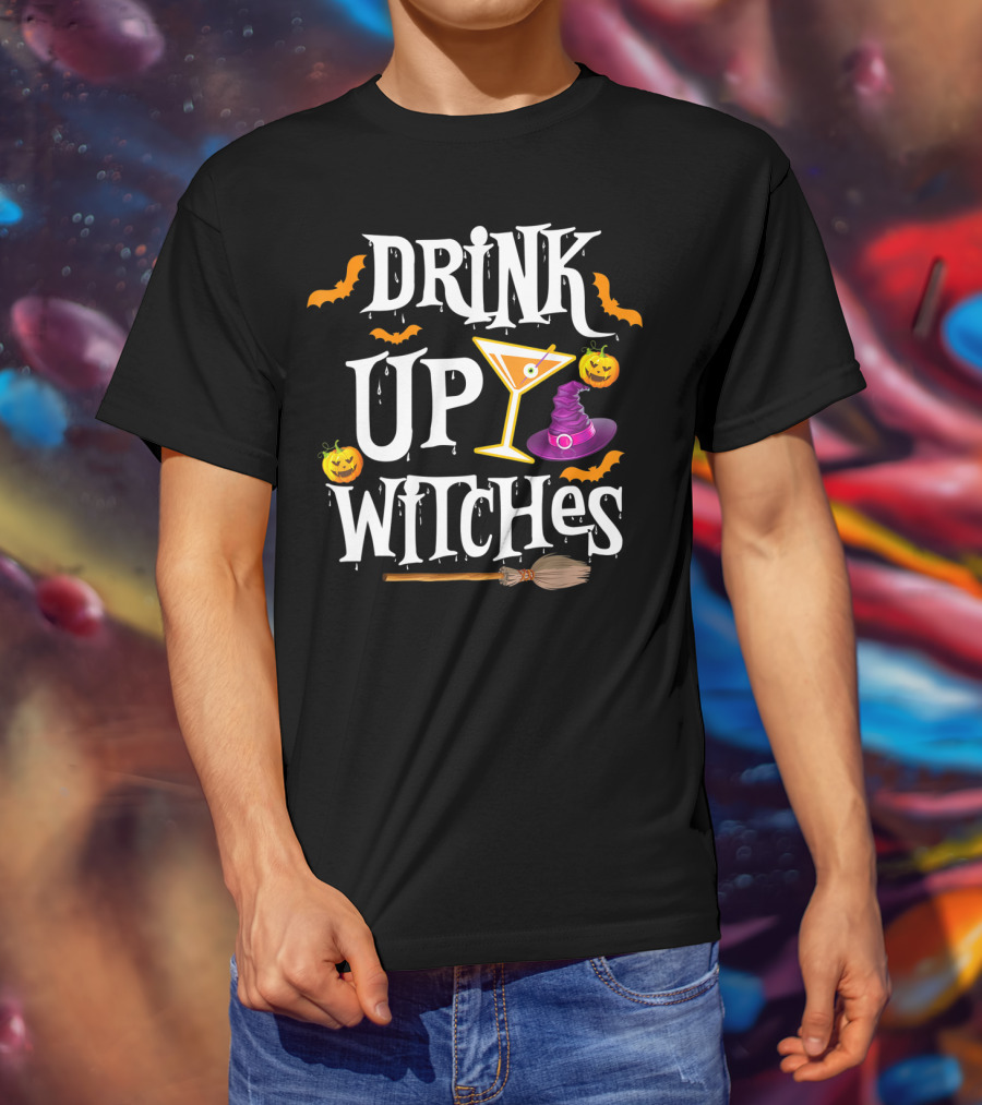 Drink Up Witches Halloween Costume Women Wine Hat Broom Martini T-Shirt