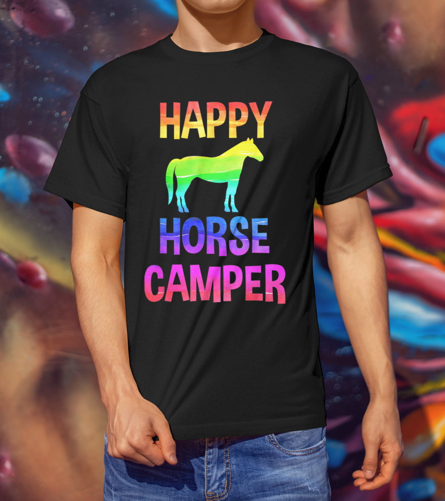 Happy Horse Camper Summer Camp Day Sleep Away Horseback Ride Rainbow T-Shirt