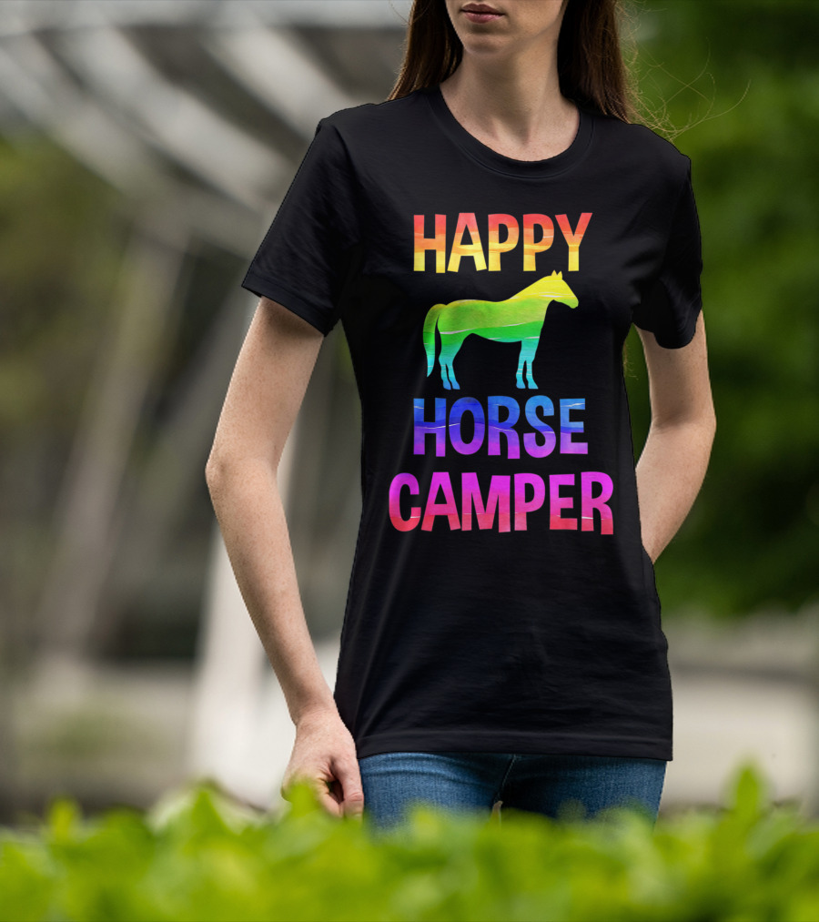 Happy Horse Camper Summer Camp Day Sleep Away Horseback Ride Rainbow T-Shirt