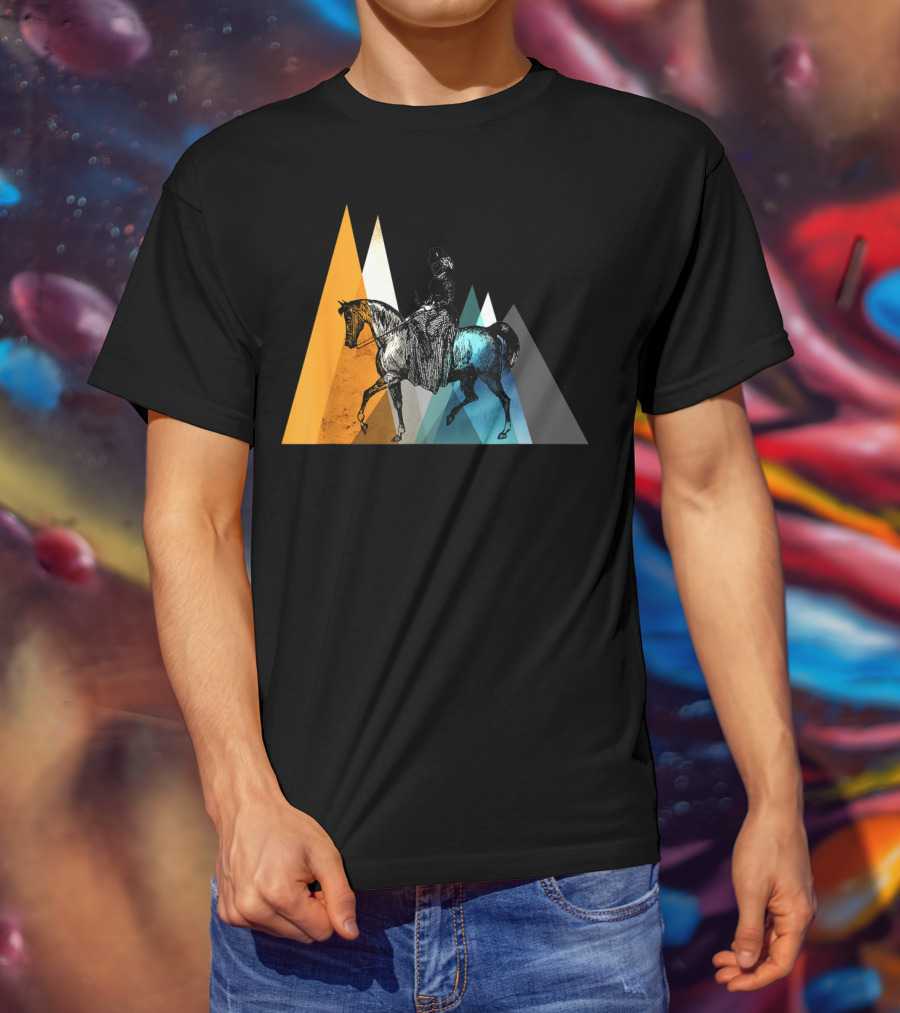 Horseback Riding Geometric Mountain Motif T-Shirt