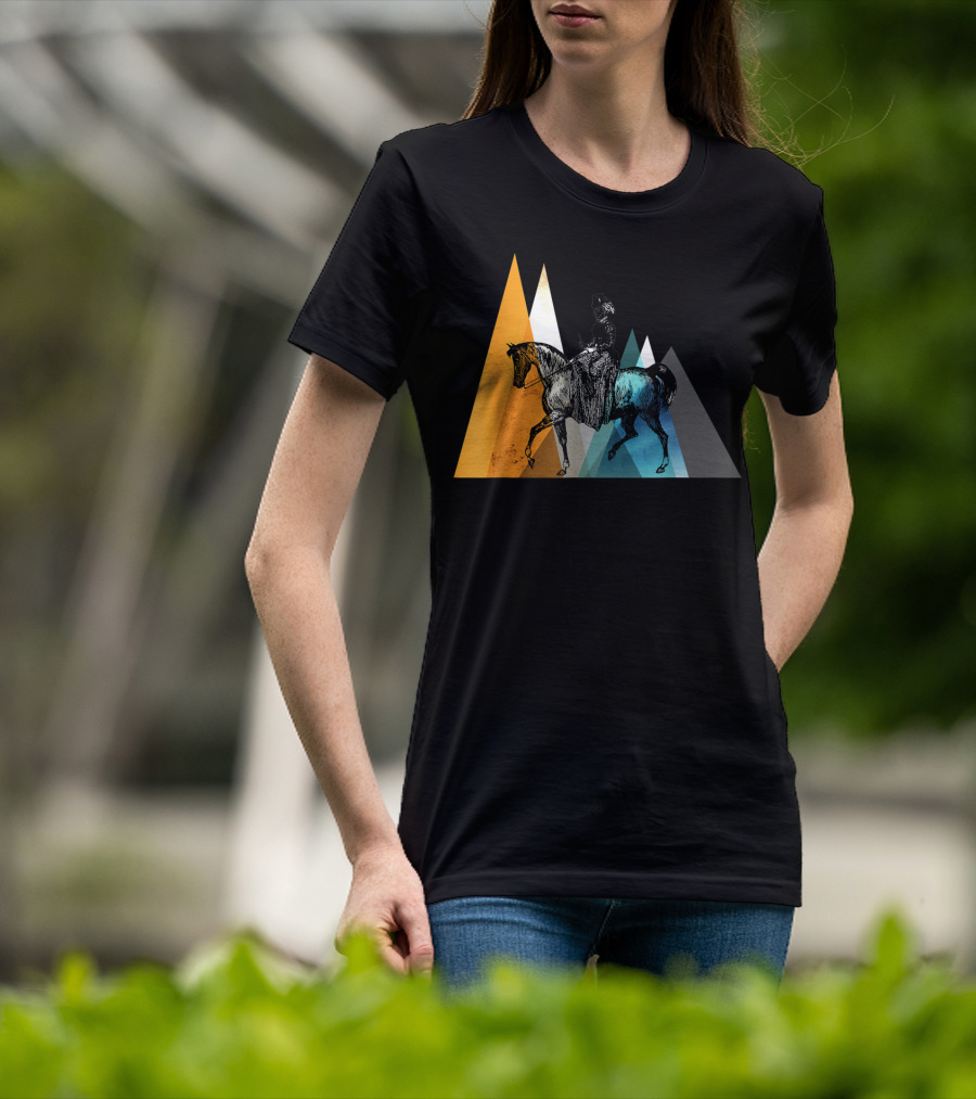Horseback Riding Geometric Mountain Motif T-Shirt