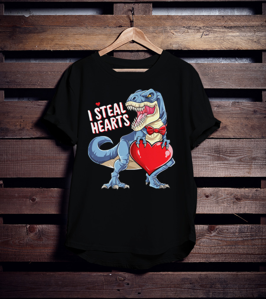 I Steal Hearts Dinosaur Rex Valentine's Day Red Bow Tie T-Shirt