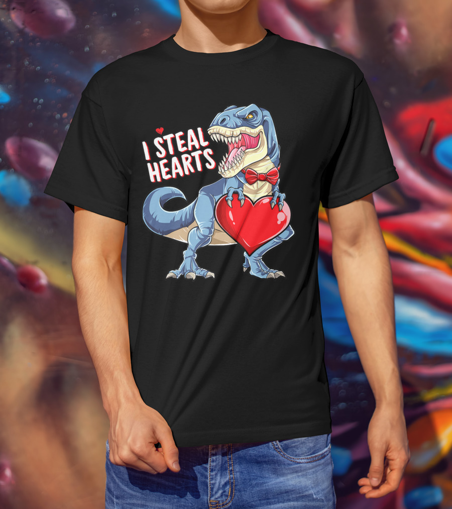 I Steal Hearts Dinosaur Rex Valentine's Day Red Bow Tie T-Shirt