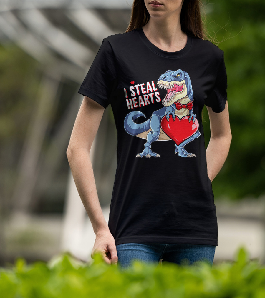 I Steal Hearts Dinosaur Rex Valentine's Day Red Bow Tie T-Shirt