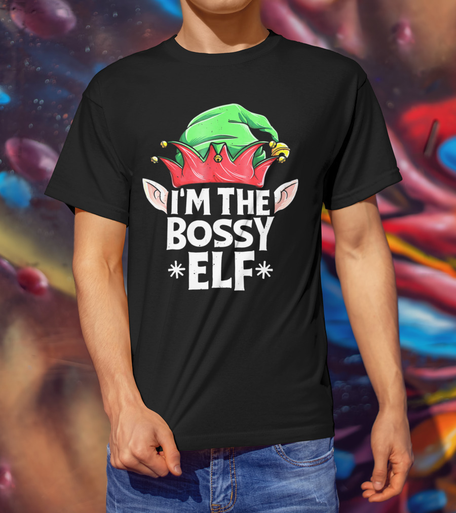 I'm The Bossy Elf Green And Red Jester Hat With Ears T-Shirt
