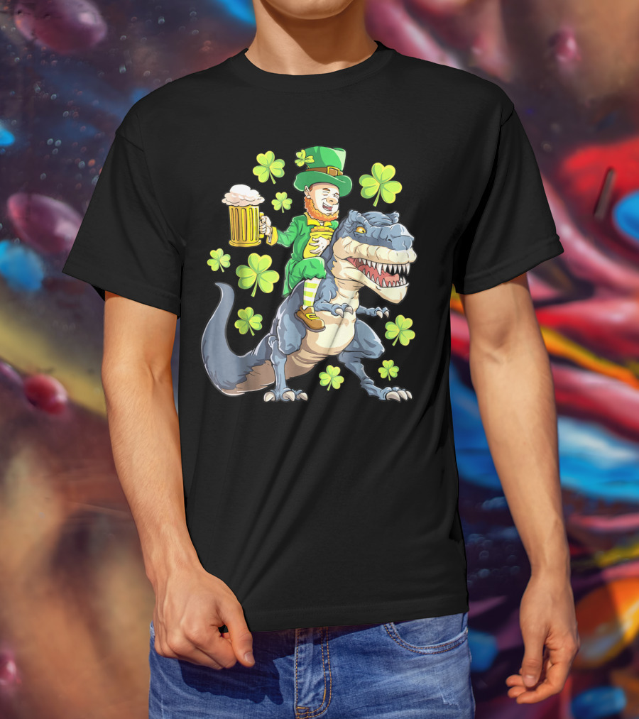 St Patricks Day Leprechaun Riding Dinosaur With Shamrocks And Beer T-Shirt