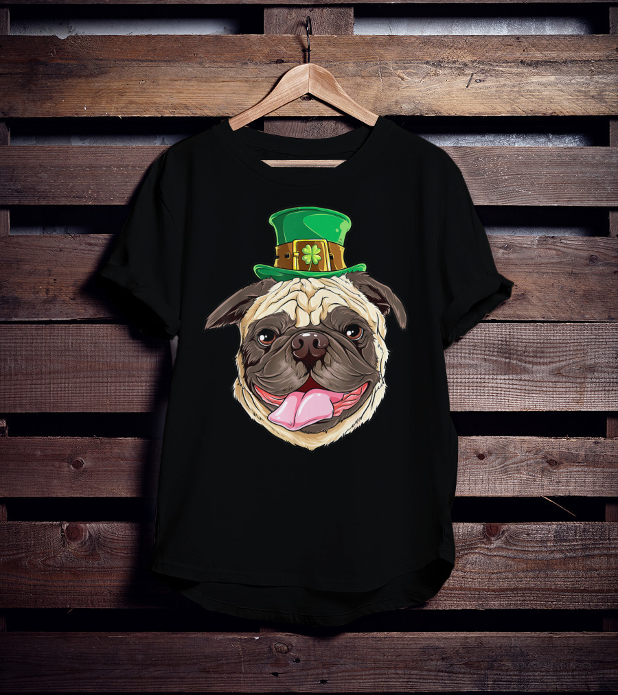 Irish Pug Wearing Leprechaun Hat With Shamrock T-Shirt