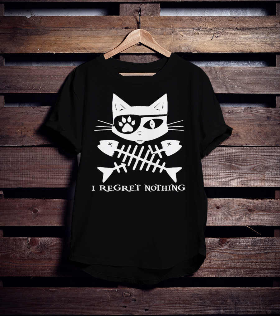 Jolly Roger Pirate Cat I Regret Nothing Skull Crossbones T-Shirt