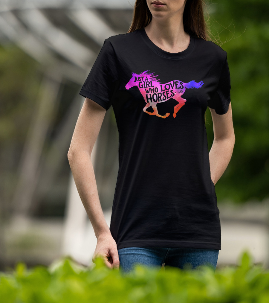 Just A Girl Who Loves Horses Riding Colorful Galloping Horse T-Shirt