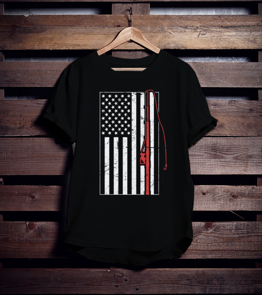 American Flag Distressed Fishing Rod T-Shirt
