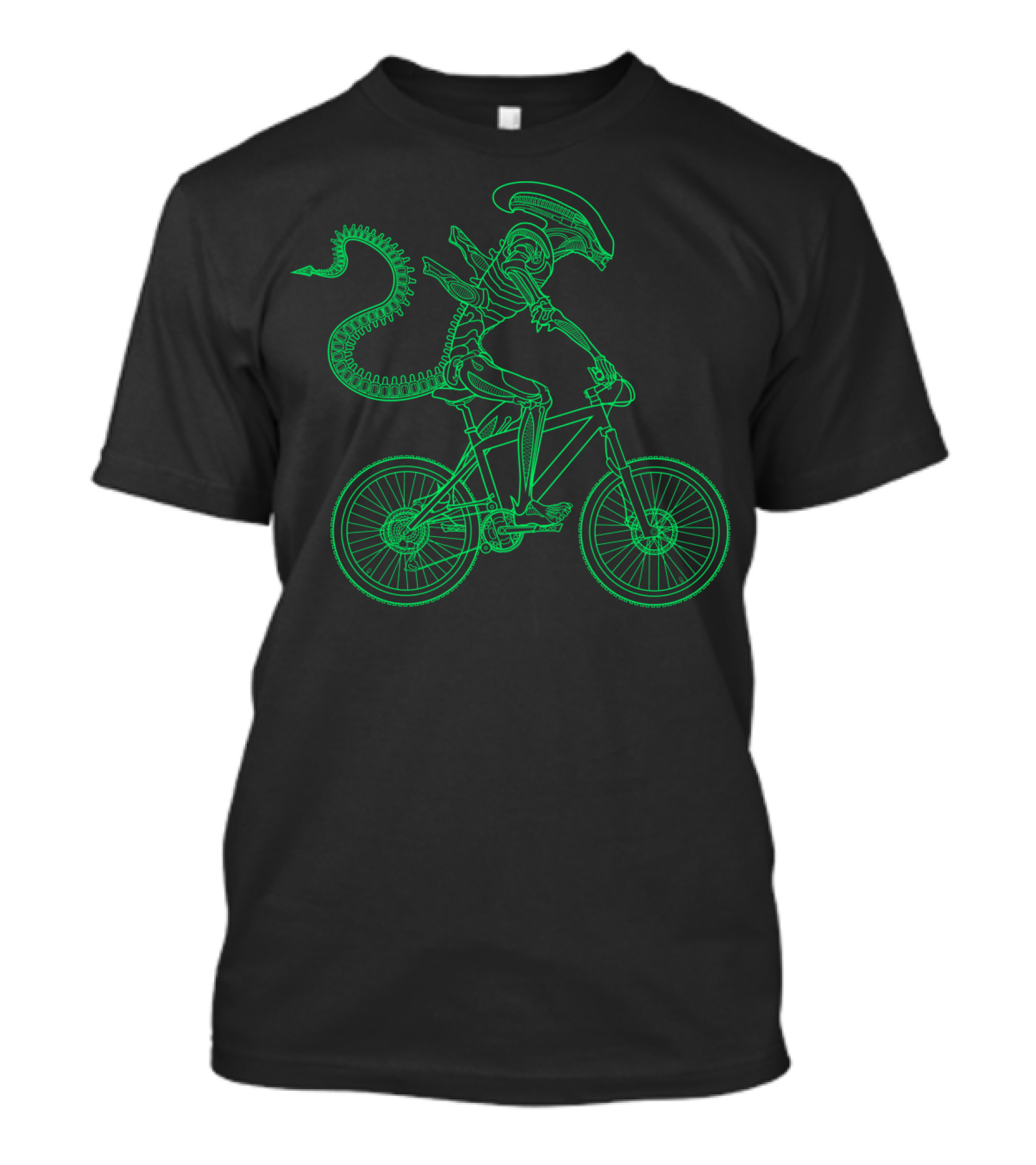 Alien Bicycle Rider Neon Green Xenomorph Outline T-Shirt