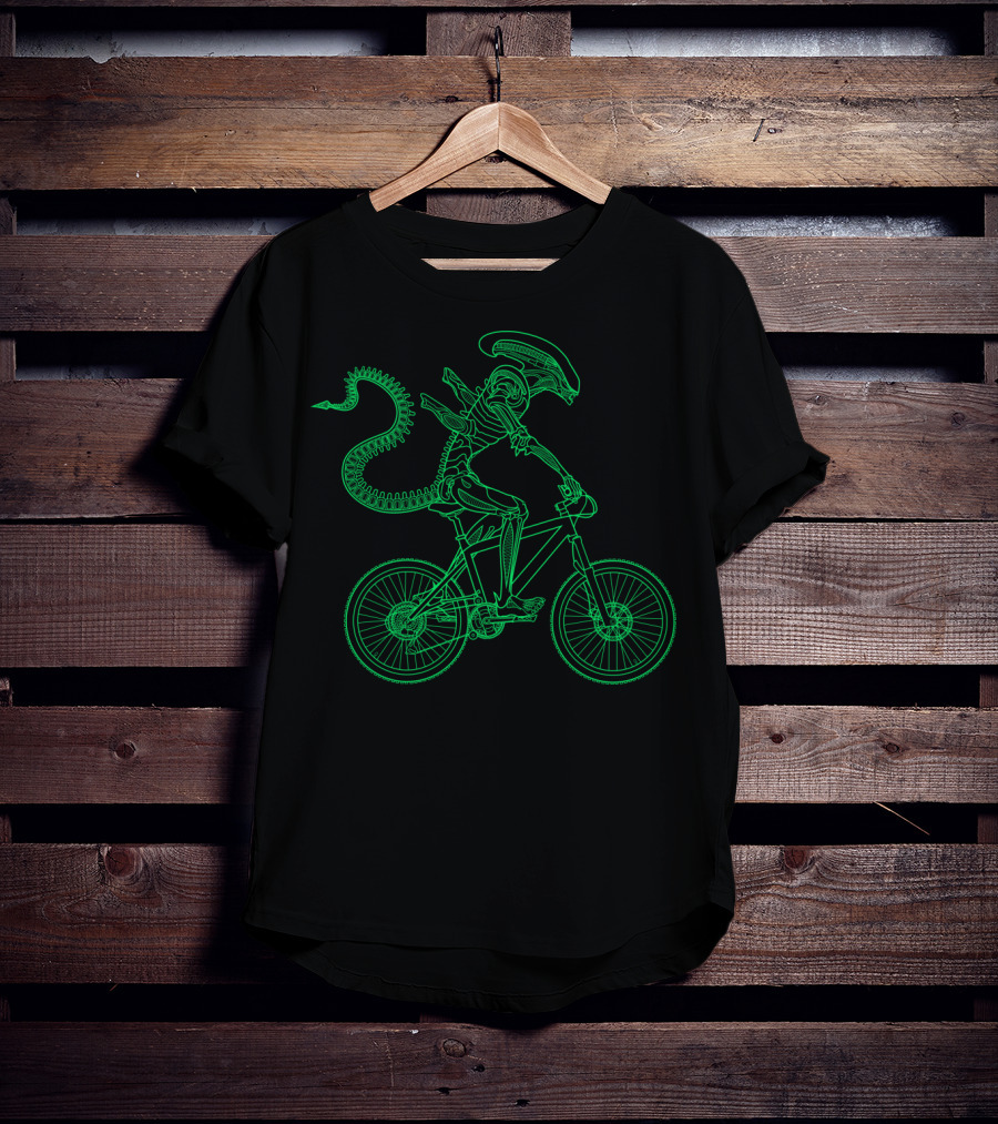 Alien Bicycle Rider Neon Green Xenomorph Outline T-Shirt