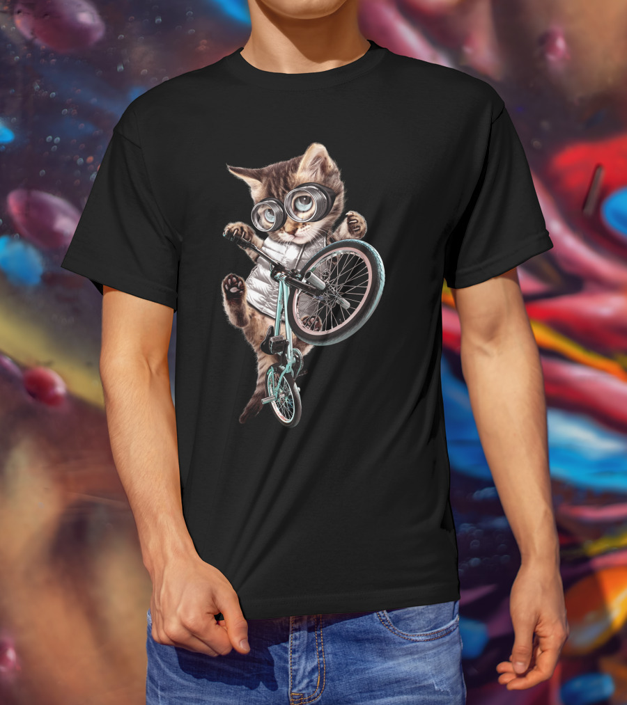 BMX Cat With Glasses Performing Trick On Bicycle T-Shirt