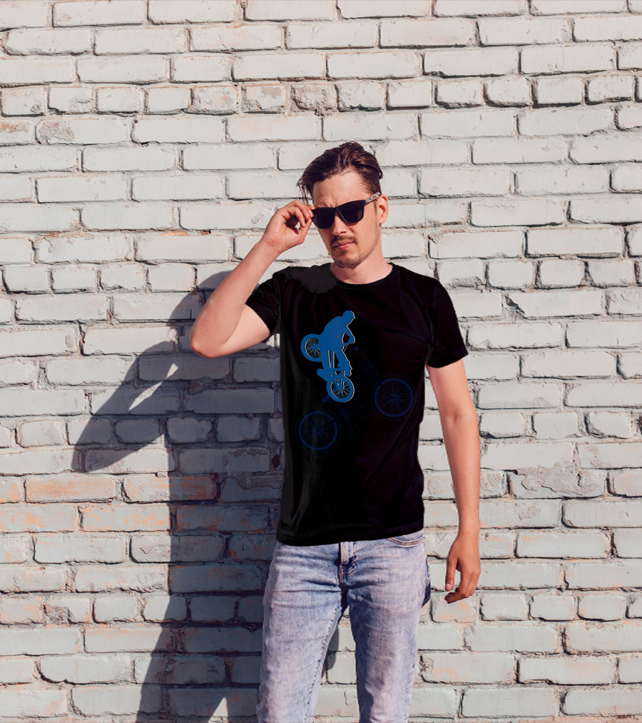BMX Rider Blue Silhouette With Detailed Bike Blueprint T-Shirt