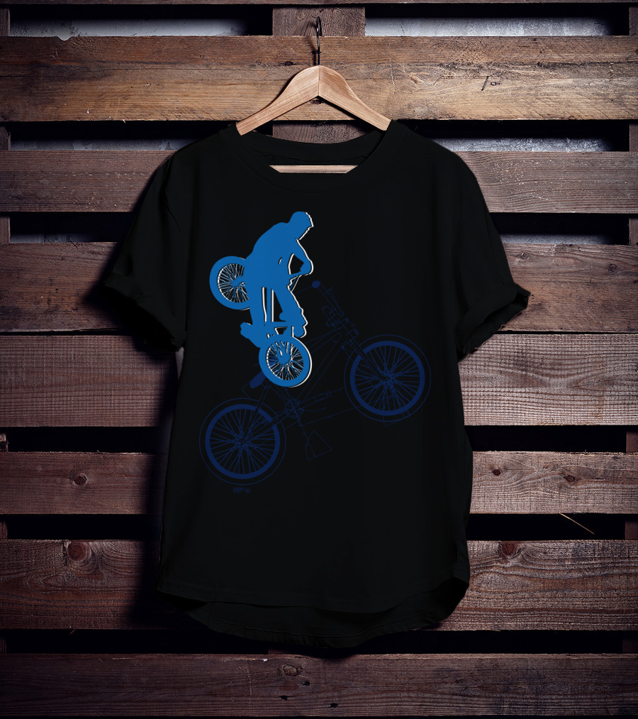BMX Rider Blue Silhouette With Detailed Bike Blueprint T-Shirt