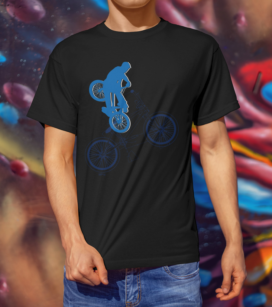 BMX Rider Blue Silhouette With Detailed Bike Blueprint T-Shirt