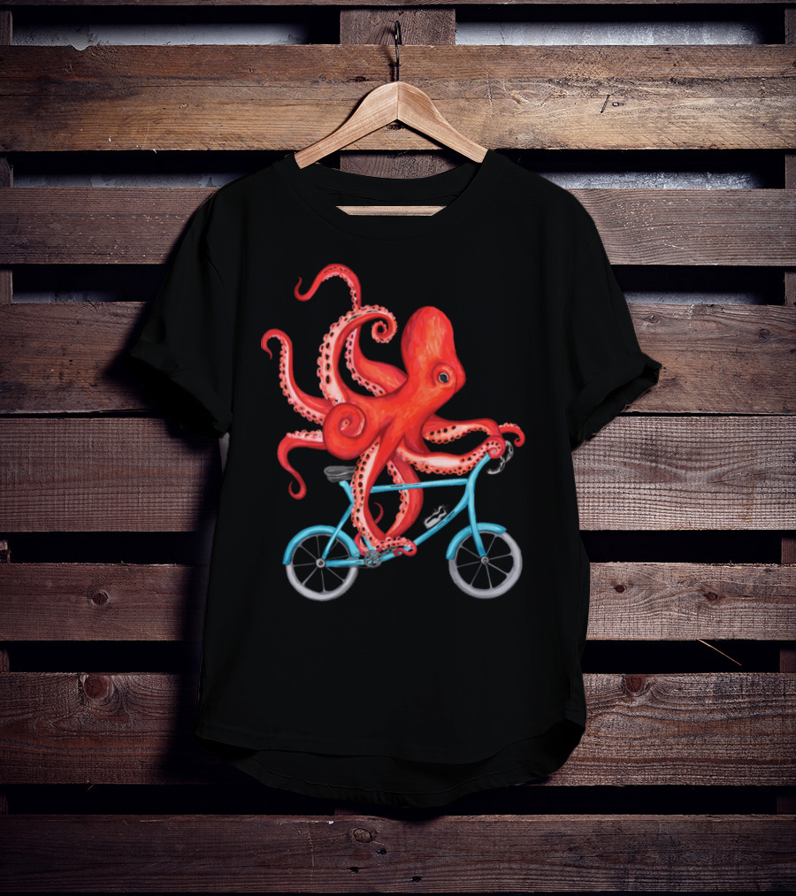 Cycling Octopus On Blue Bicycle T-Shirt