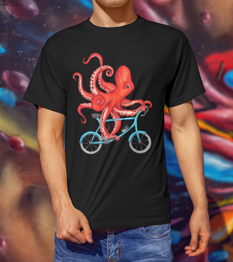 Cycling Octopus On Blue Bicycle T-Shirt