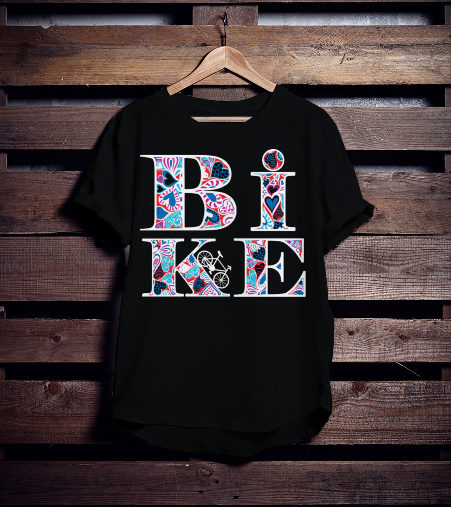 Heart Pattern Bike Typography T-Shirt